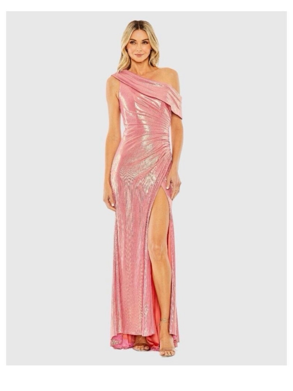 Mac Duggal Size 10 pink 27152 off the shoulder ruched waist slit metallic gown